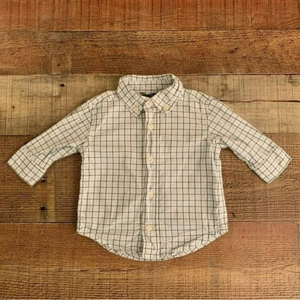 Gymboree baby boys green white blue checkered long sleeve button up -3/6M